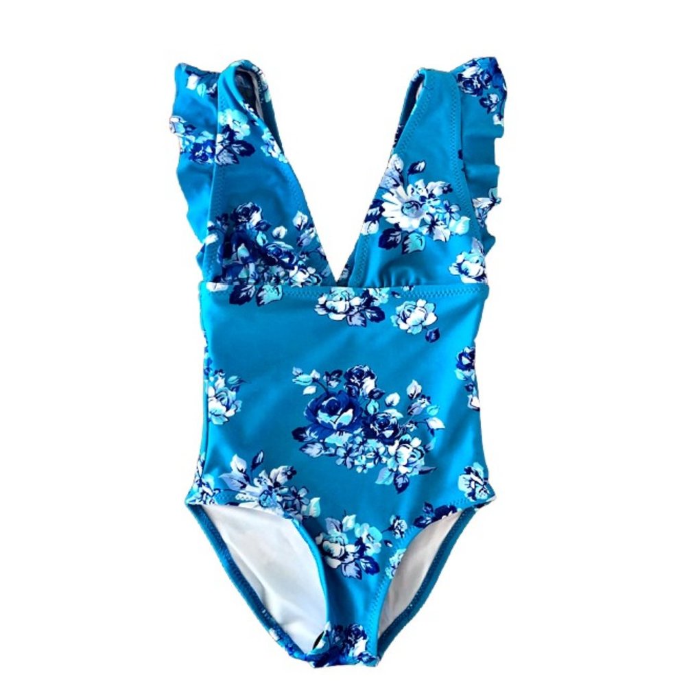 NWOT Cupshe Girls Blue Floral One Piece Swimsuit / Size 4T